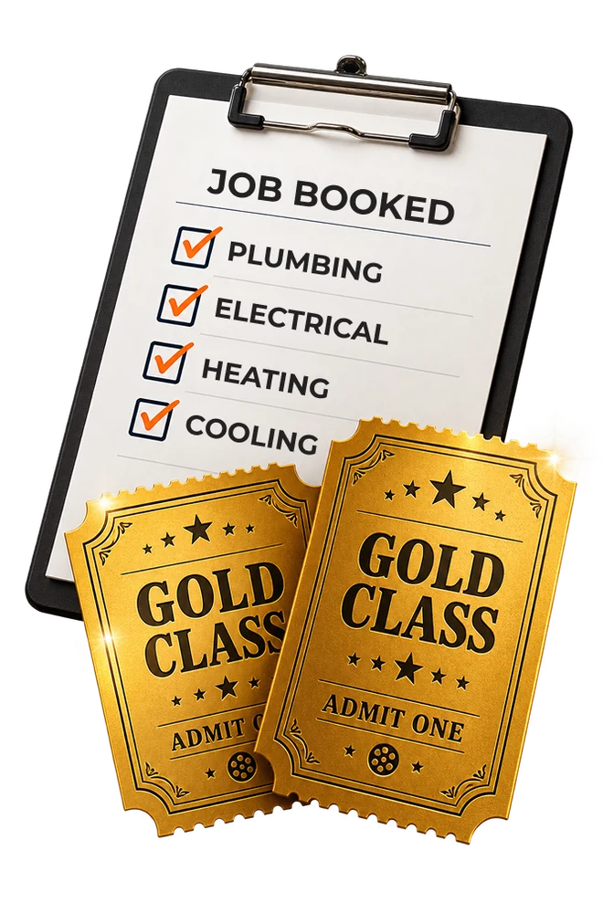 Job booked checklist covering plumbing, electrical, heating and cooling, with two Gold Class tickets