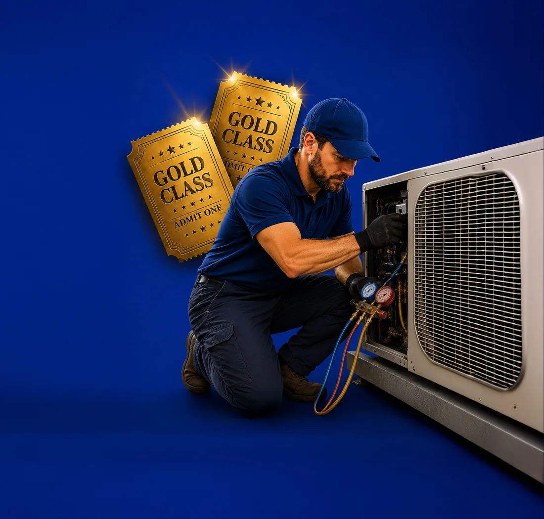 HomeFirst technician servicing an air conditioning unit, with two Gold Class cinema tickets alongside